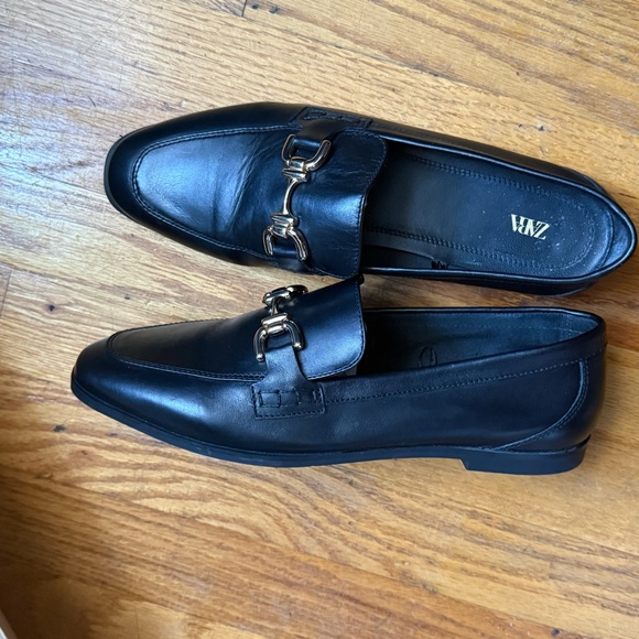Zara Black Leather Slip on Loafers with Gold Horsebit Buckle Trim. - Picture 1 of 7
